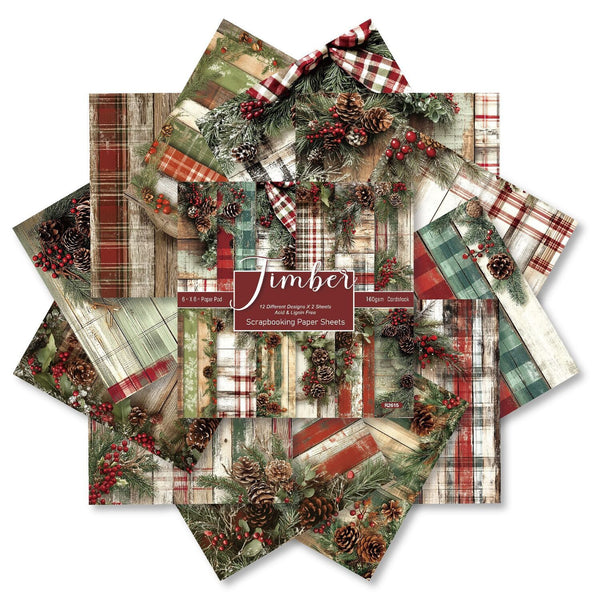 A set of Christmas-themed paper designs arranged in a starburst pattern on a white background. The designs feature rustic plaid, pinecones, evergreen branches, red berries, and a red-and-white gingham bow.