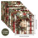 Set of Christmas-themed placemats with plaid patterns, pinecones, and berries on a white background.