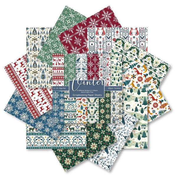 A set of layered paper sheets featuring various winter-themed patterns including snowflakes, snowdrops, Christmas trees, reindeer, and festive holiday motifs in red, green, blue, and cream, with a central label reading 'Winter' and 'Cozy Patterns & Papers'.