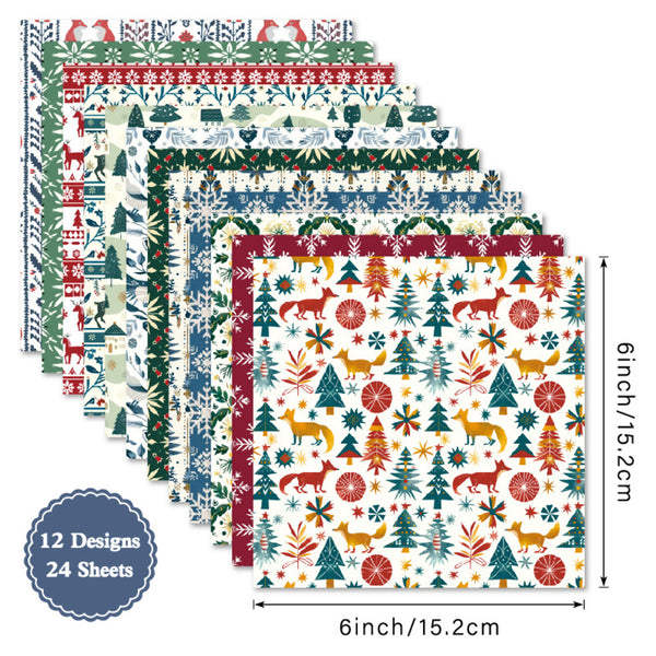 Set of Christmas-themed paper sheets with various patterns and dimensions displayed.