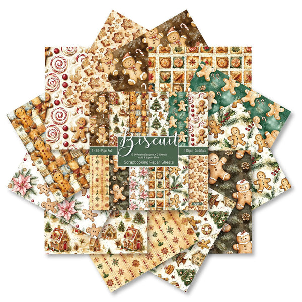 A fan arrangement of multiple patterned paper sheets featuring gingerbread-themed designs, including gingerbread men, houses, trees, ornaments, and holiday motifs in beige, brown, green, and cream tones. A central label reads 'Biscuit' and 'Gingerbread Paper Pack'.