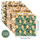A set of 12 Christmas-themed paper napkins or table linens shown in a fanned stack, featuring various holiday patterns including gingerbread men, Santa Claus, snowflakes, and ornaments. The image includes dimension markers indicating a 6 inch / 15.