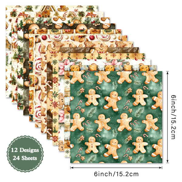 A set of 12 Christmas-themed paper napkins or table linens shown in a fanned stack, featuring various holiday patterns including gingerbread men, Santa Claus, snowflakes, and ornaments. The image includes dimension markers indicating a 6 inch / 15.