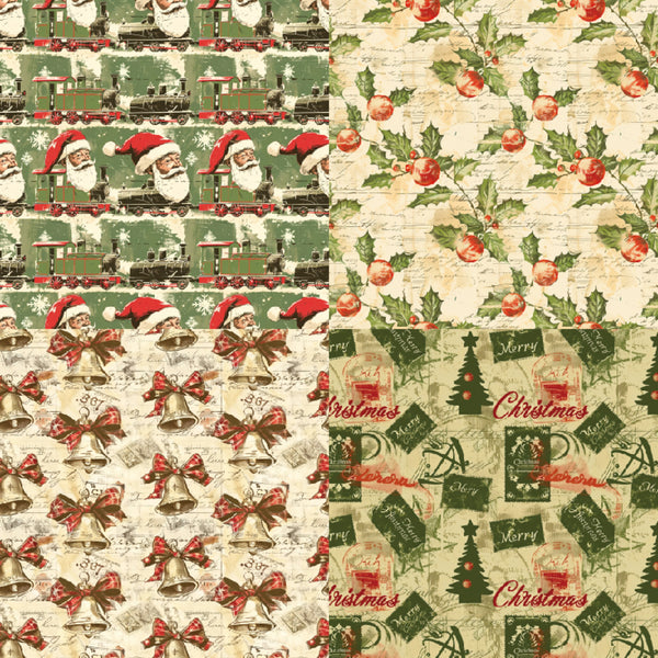 Four Christmas-themed patterned fabric or paper swatches arranged in a 2x2 grid. The designs include Santa Claus and trains, holly and berries, bells and bows, and Christmas trees and postmarks on a warm cream background.