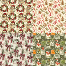 Four Christmas-themed fabric or wallpaper pattern swatches arranged in a 2x2 grid, featuring Santa faces, candy canes, gingerbread cookies, pine branches with red bows, and vintage holiday cards on cream, green, and red backgrounds.