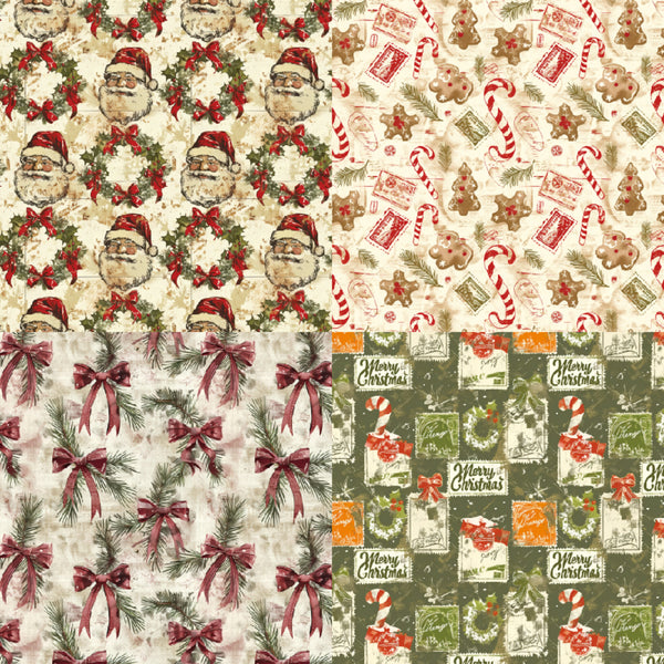 Four Christmas-themed fabric or wallpaper pattern swatches arranged in a 2x2 grid, featuring Santa faces, candy canes, gingerbread cookies, pine branches with red bows, and vintage holiday cards on cream, green, and red backgrounds.