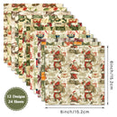 A set of 12 Christmas-themed paper sheets arranged in a fan shape, showing various vintage holiday patterns with Santa Claus, snowflakes, and festive illustrations. The image includes dimension markers indicating the sheets are 6 inch / 15.