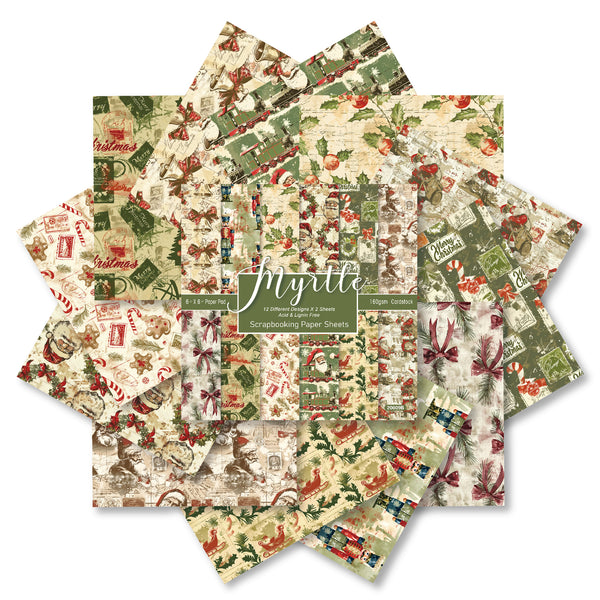 A fan arrangement of 12 different Christmas-themed paper sheets from Myrtle Paper Company, featuring vintage patterns with holly, candy canes, gingerbread men, and holiday motifs in green, red, and beige tones.