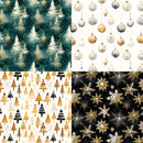 Four holiday-themed pattern swatches arranged in a 2x2 grid: snowy pine trees in teal and white, hanging ornaments in white, gold, and gray, stylized Christmas trees in gold, black, and white, and snowflakes in gold and white on a dark background.