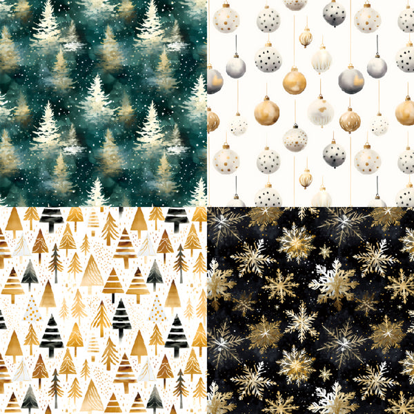 Four holiday-themed pattern swatches arranged in a 2x2 grid: snowy pine trees in teal and white, hanging ornaments in white, gold, and gray, stylized Christmas trees in gold, black, and white, and snowflakes in gold and white on a dark background.