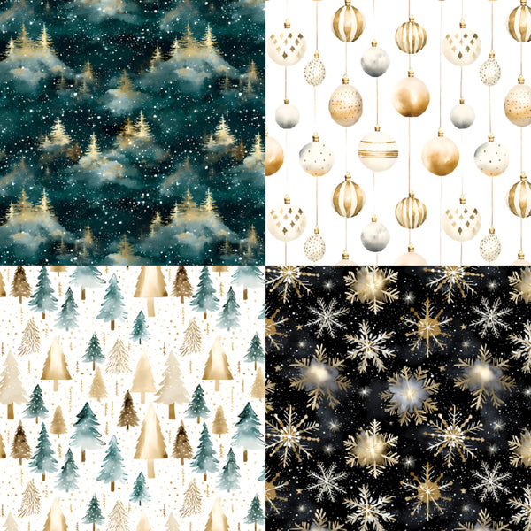 A 2x2 collage showing four Christmas-themed pattern designs: dark teal and gold snowy trees, white and gold hanging ornaments, white and gold pine trees, and a black background with gold and white snowflakes and stars.
