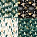 Four square panels showing different Christmas-themed seamless patterns: evergreen trees in teal and cream, snowflakes on black and gold, pine trees on white and gold, and misty evergreens in teal and gold.