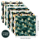 A set of 12 patterned paper sheets fanned out on a white background, with one sheet in front showing a dark teal forest pattern with gold pine trees and snowflakes. The image includes dimension labels indicating 6 inch / 15.