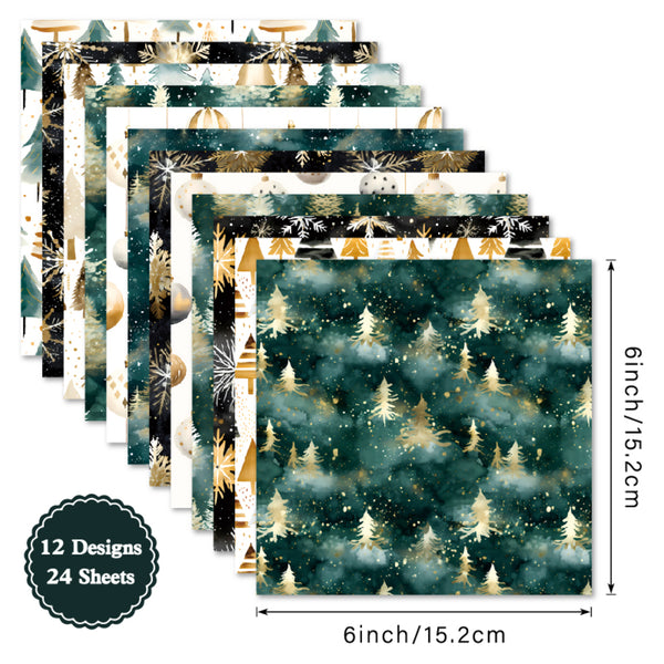 A set of 12 patterned paper sheets fanned out on a white background, with one sheet in front showing a dark teal forest pattern with gold pine trees and snowflakes. The image includes dimension labels indicating 6 inch / 15.