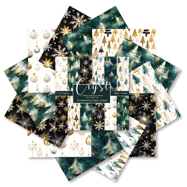 A fan arrangement of layered digital paper designs featuring Christmas patterns in dark teal, white, and metallic gold. The designs include snowflakes, pine trees, ornaments, and stripes, with a central label reading 'Crystal'.