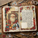 Open journal with Christmas-themed pages and decorations on a wooden surface.