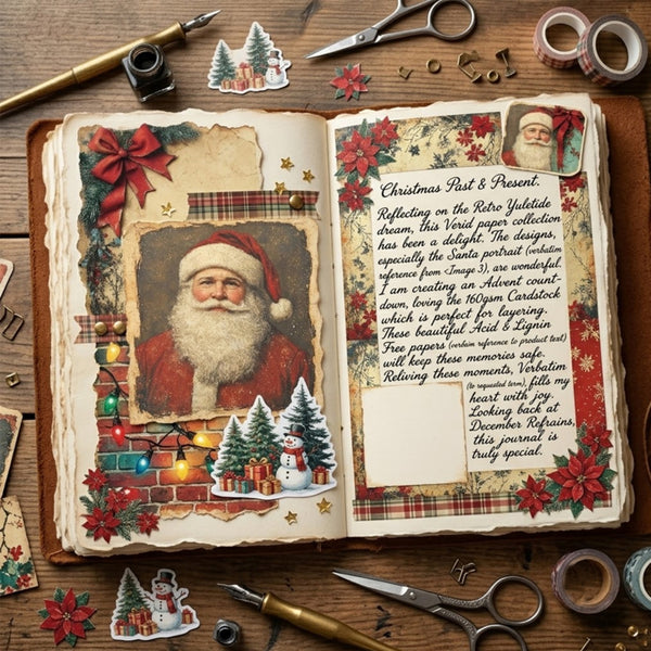 Open journal with Christmas-themed pages and decorations on a wooden surface.