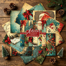 Collection of Christmas-themed scrapbooking paper sheets on a wooden surface with decorative elements.