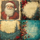 Vintage-style Christmas card with Santa Claus, decorative elements, and a textured background.