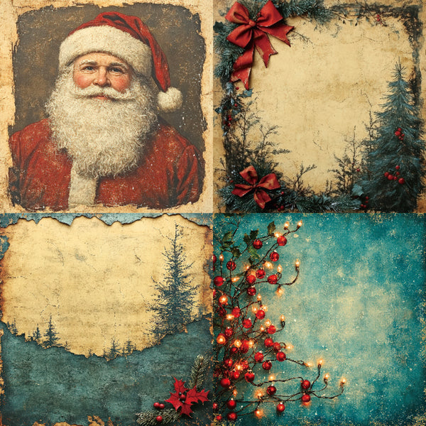 Vintage-style Christmas card with Santa Claus, decorative elements, and a textured background.