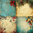 A festive vintage-style holiday collage with four aged paper quadrants: one teal textured panel with a red bow and evergreen branches, one tan parchment panel with pinecones and berries, one tan panel with snowflakes and red flowers, and one teal panel with colorful Christmas lights.