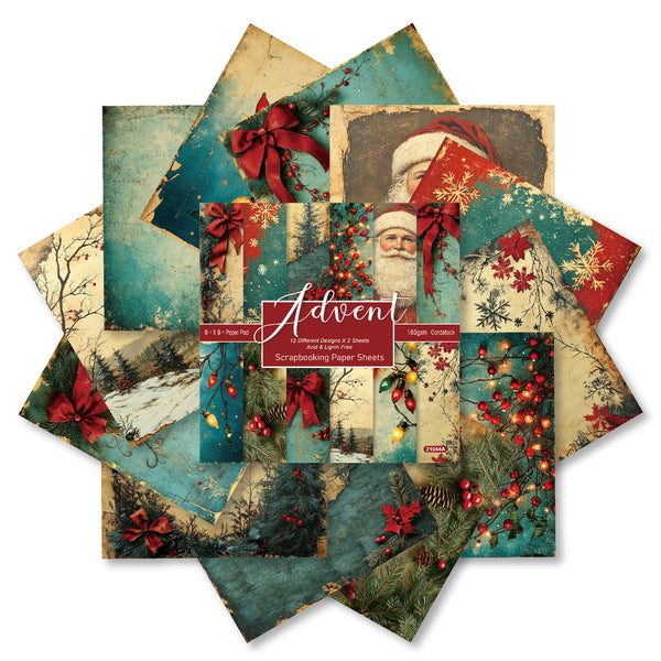 A set of 12 Christmas-themed scrapbooking paper sheets arranged in a circular fan shape. The designs feature festive holiday patterns including Santa Claus, red bows, snowflakes, winter landscapes, pine trees, and red berries on a teal and beige background.