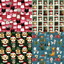 Four holiday-themed fabric or print patterns shown in a 2x2 grid: cats in red sweaters and Santa hats on pink, black, and white backgrounds; dogs in red Santa hats and bows on dark green, and assorted pets on a blue Christmas background.
