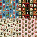 Four holiday-themed dog pattern swatches arranged in a 2x2 grid, featuring different dog breeds wearing red and green Christmas sweaters, Santa hats, scarves, and gifts on blue, cream, red, and pink backgrounds.