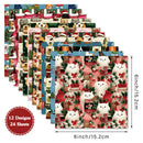 A set of 12 Christmas-themed paper sheets featuring various dog illustrations in holiday outfits, displayed in a fan layout with dimension markings showing 6 inch / 15.2 cm size.