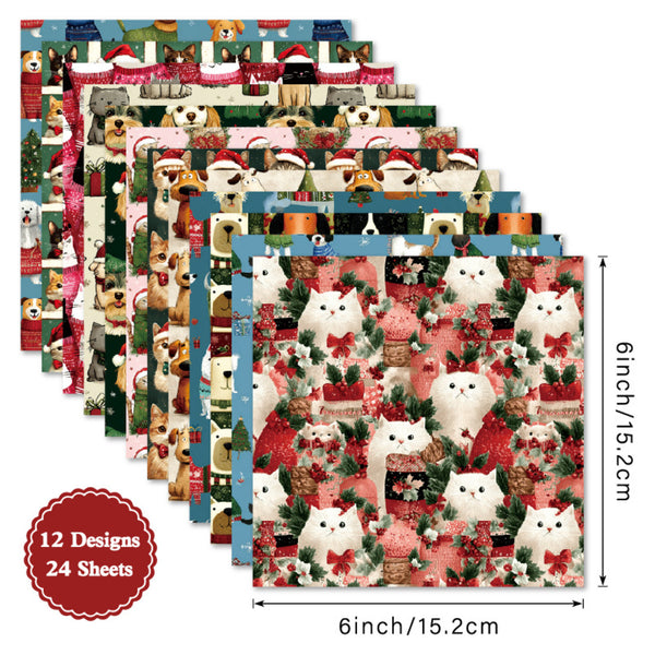A set of 12 Christmas-themed paper sheets featuring various dog illustrations in holiday outfits, displayed in a fan layout with dimension markings showing 6 inch / 15.2 cm size.