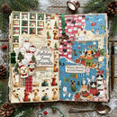 An open handmade scrapbook journal displaying two decorated holiday-themed dog collage pages, styled on a rustic wooden surface with pine branches, a roll of washi tape, and a spoon with candy.