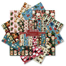 A fanned-out arrangement of multiple patterned paper sheets featuring cute dog illustrations in holiday Christmas themes, with a central cover card reading 'Cuddle Christmas Paper & Fabric' on a white background.