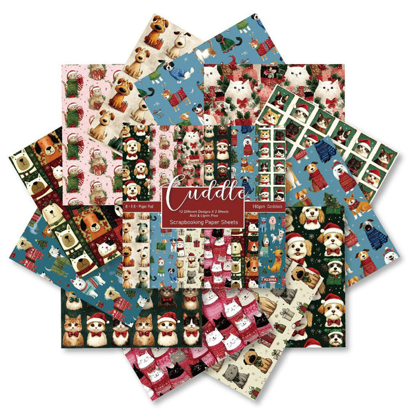 A fanned-out arrangement of multiple patterned paper sheets featuring cute dog illustrations in holiday Christmas themes, with a central cover card reading 'Cuddle Christmas Paper & Fabric' on a white background.