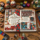 Open Christmas-themed journal on a wooden surface with stationery items.