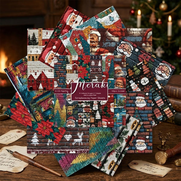 A set of Meraki Christmas-themed jigsaw puzzle boxes and several completed puzzle pieces fanned out on a wooden table, with a cozy fireplace and decorated Christmas tree in the background.