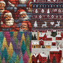 Collection of Christmas-themed fabric patterns including Santa Claus, trees, and village scenes.