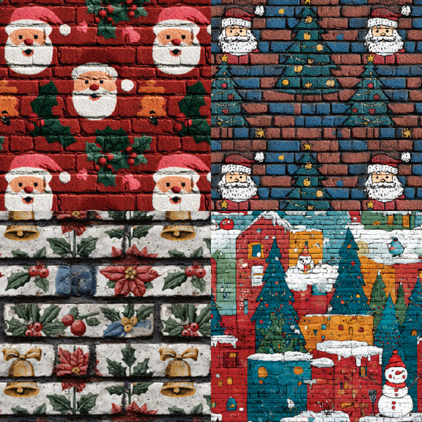 Collage of Christmas-themed fabric patterns including Santa Claus, trees, and snowmen.