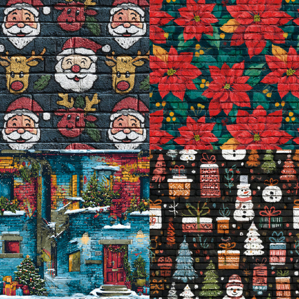 A close-up of a multicolor Christmas-themed patterned fabric or wallpaper featuring Santa Claus faces, poinsettias, snowman, gifts, trees, and a snowy village scene.