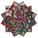 A fan arrangement of Meraki Christmas-themed fabric swatches on a white background, featuring festive patterns like Santa Claus, brick walls, snow, and holiday cottages.
