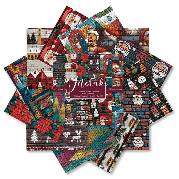 A fan arrangement of Meraki Christmas-themed fabric swatches on a white background, featuring festive patterns like Santa Claus, brick walls, snow, and holiday cottages.