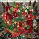 Collection of Christmas-themed scrapbooking paper sheets on a wooden surface with decorative items.