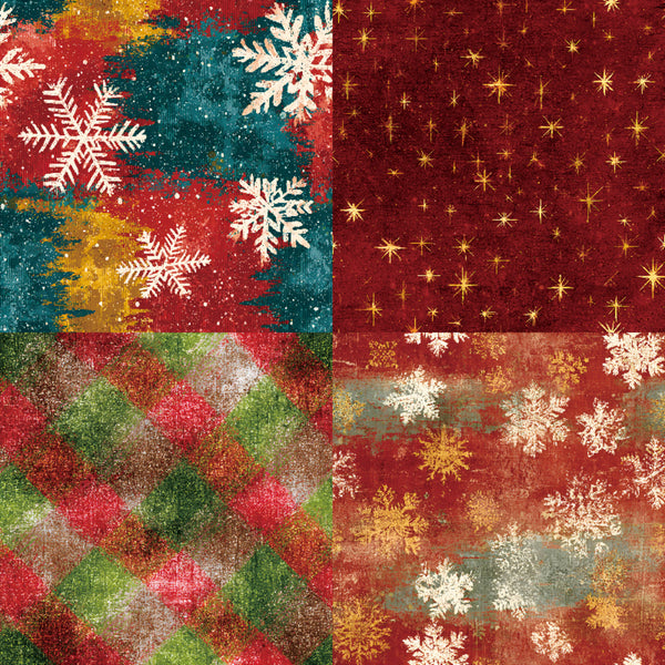 Four different Christmas-themed fabric patterns with snowflakes and star designs.