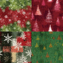 Patterned fabric with Christmas trees, snowflakes, and textured backgrounds.