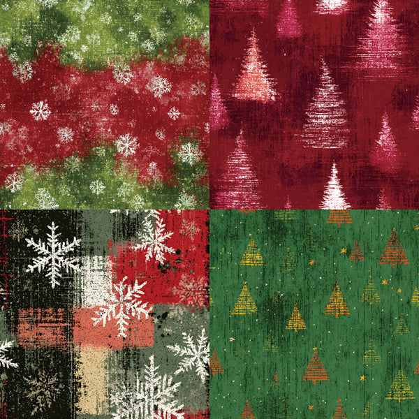 Patterned fabric with Christmas trees, snowflakes, and textured backgrounds.
