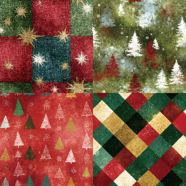 Collage of Christmas-themed patterns including trees, stars, and checkered designs.