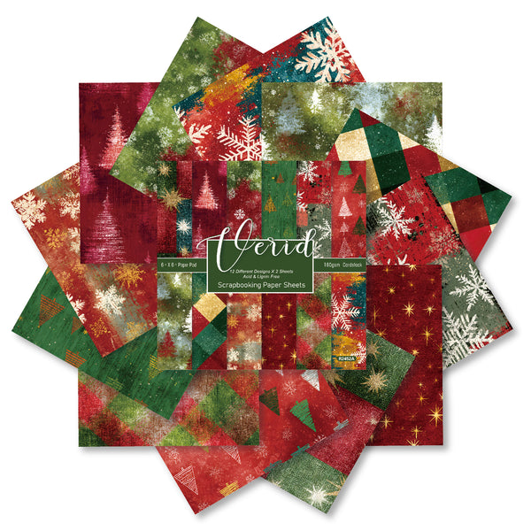 A set of Christmas-themed paper sheets arranged in a starburst pattern, featuring festive red, green, and gold patterns like snowflakes, pine trees, and geometric patches, with a central label reading 'World'.