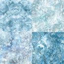 Four square panels showing icy blue and white ornamental snowflake and frosty floral patterns arranged in a 2x2 grid.