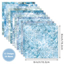 Pack of 24 sheets with blue and white marbled design, dimensions shown.