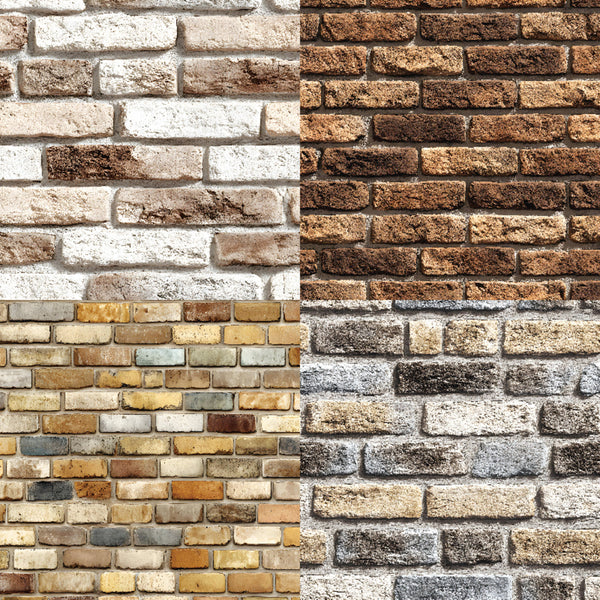 Four square panels showing different brick wall textures and colorways, arranged in a 2x2 grid: light beige and brown brick, dark reddish-brown brick, tan and yellow brick, and gray and white brick.