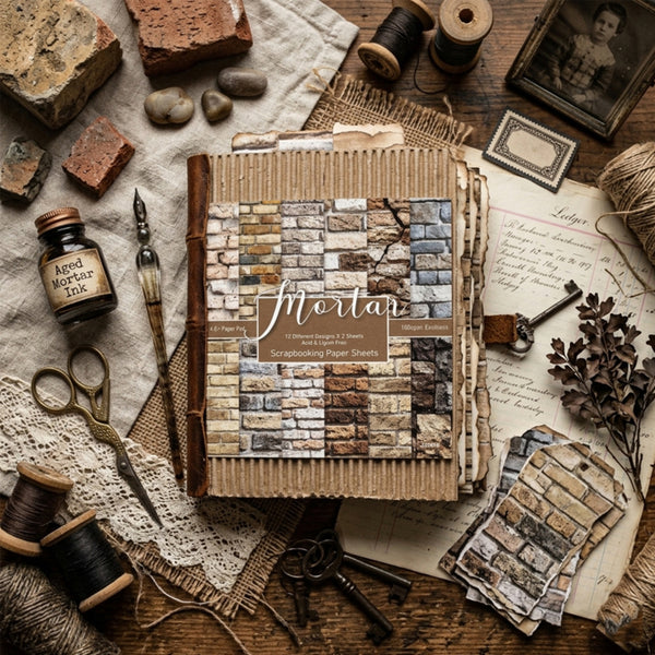 Scrapbooking paper sheets with rustic design on a wooden surface with vintage items.